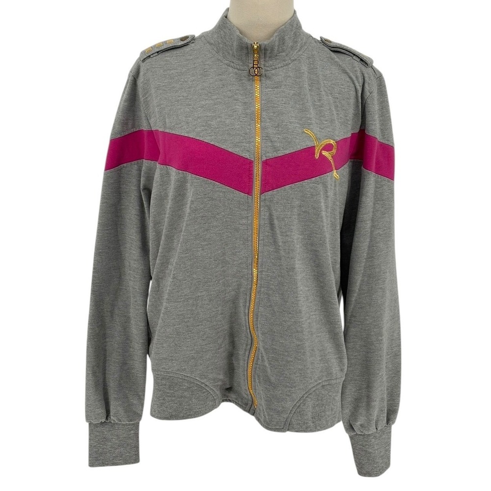 Rocawear Womens Track Jacket 1X Grey Pink Gold Zip Up Embellished Logo Full Zip